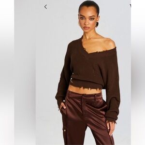 SER.O.YA Syd V-Neck Distress Cotton Sweater Size XS Brown